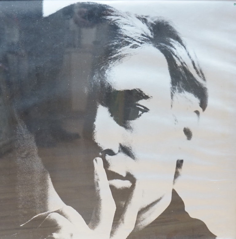 Andy Warhol - a signed print on silver paper, from a silkscreen, ‘Self Portrait’, 1966, signature reading; Andy Warhol 66 93/300, 56x56cm square. Condition - poor to fair, some creasing and slight possible water damage t